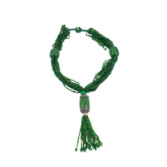Handcrafted Green Beaded Necklace With Tassel Decorative Silver Accents Adjustab - Picture 9 of 10